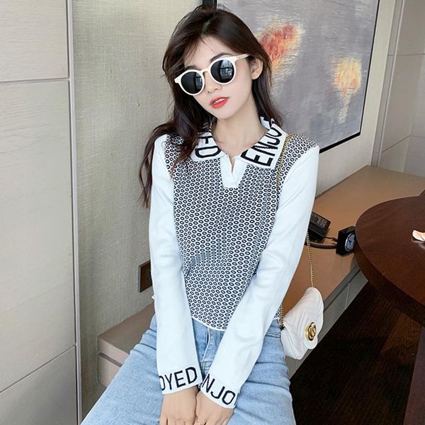 

women's sweaters vintage dot letters knitted sweater women office lady long sleeve turn down collar autumn knitwear designer streetwear, White;black