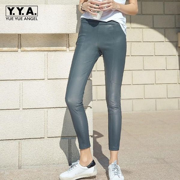 

women's pants & capris 2021 women genuine leather pencil high waist push up skinny trousers office lady slim fit sheepskin, Black;white