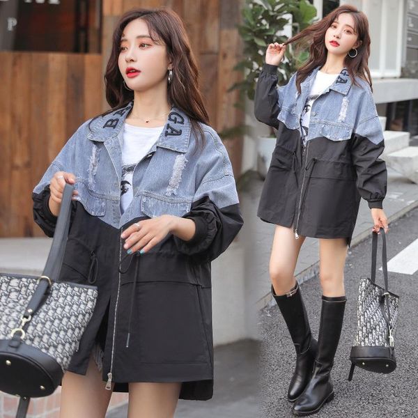 

women's jackets hole jean jacket female european 2021 paragraph dust coat grows in stitching loose fashion leisure, Black;brown