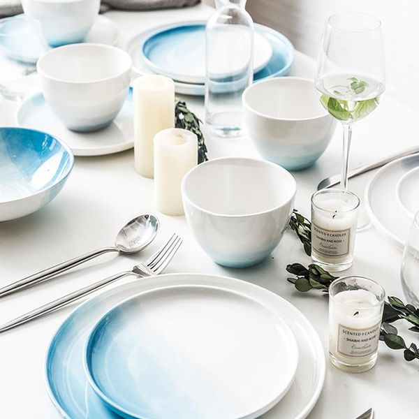 

dishes & plates nordic gradient blue color ceramic plate bowl cup set fruit dish dessert creative tray flat tableware for