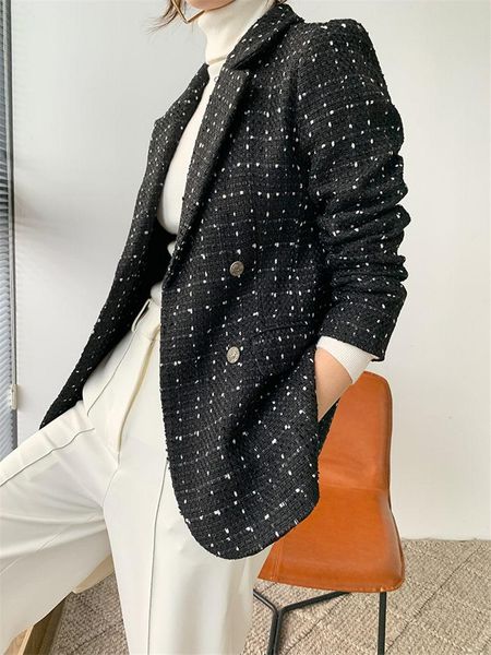 

women's suits & blazers double breasted winter tweed plaid blazer female korean british style retro woolen short suit jacket women work, White;black