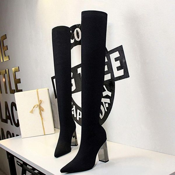 

boots knitting women 2021 winter over the knee sock designer super high heels chunky party warm lady botas shoes, Black