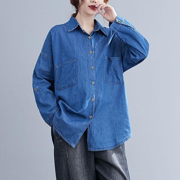 

women's blouses & shirts autumn fashion women long sleeve loose turn-down collar cotton denim double pocket casual big size m646, White