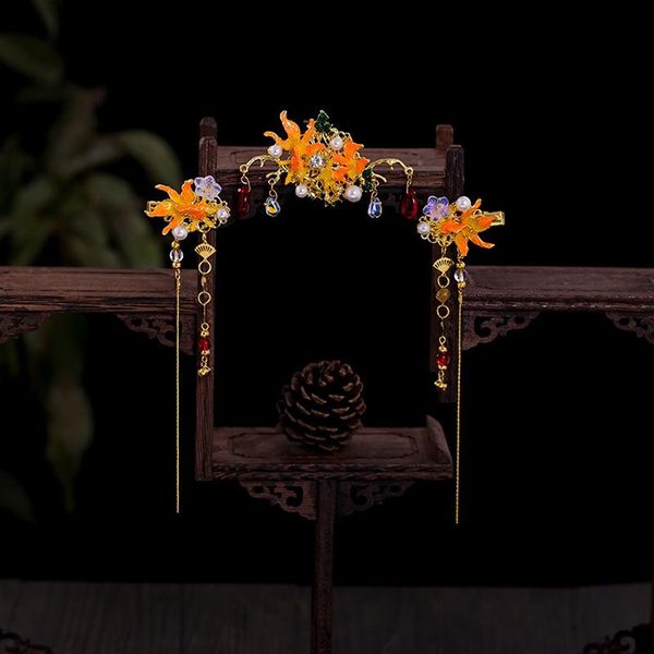 

hair accessories orange girls headdress goldfish glass tassel clip set costume wedding flower wholesale