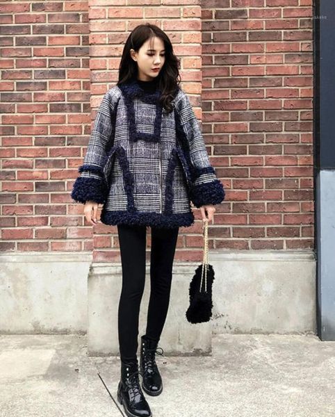 

circle wool stitching short coat women 2019 autumn and winter new loose thick plush plaid coat blue1, Black