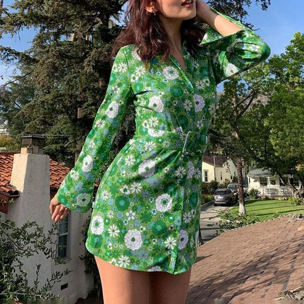 

casual dresses floral vintage y2k shirt dress women long sleeve a-line mini ladies with belt fashion button up autumn, Black;gray