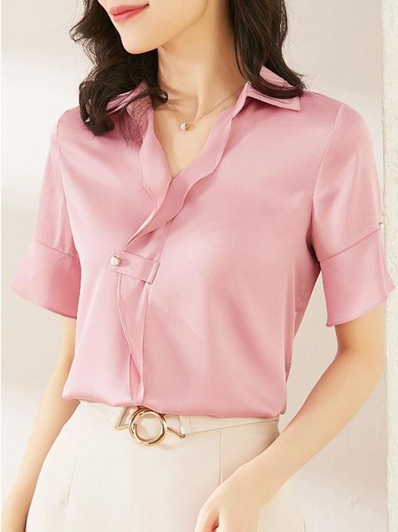

women's blouses & shirts women summer satin chiffon blouse ladies work double collar pearl ruffled ice silk basic clothes, White