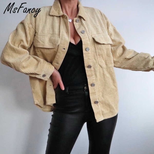 Msfancy Spring gelbe Cord -Jacke Frauen Tasche Lose Hemd Casual Coat Harajuku Mujer Chaqueta Vintage Casual Veste 210604