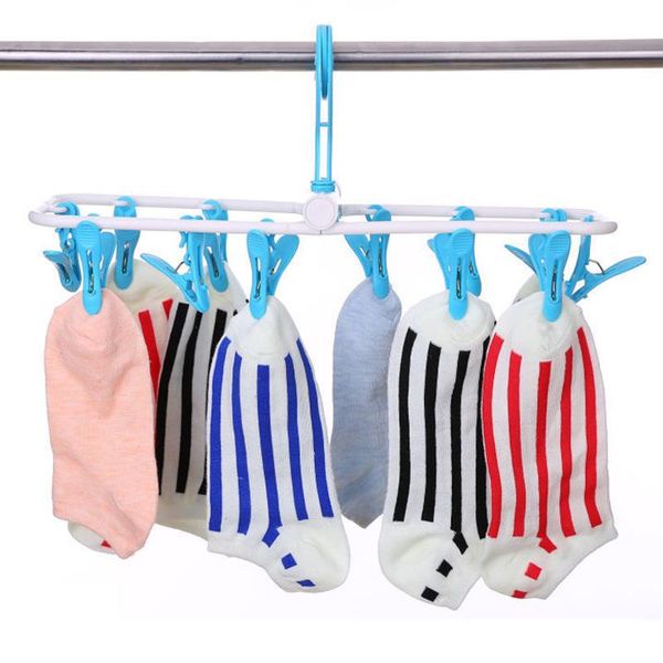 

hangers & racks 1pcs plastic clothes drying rack 12 clip underwear socks clips 360 degrees rotated windproof foldable multi-functional