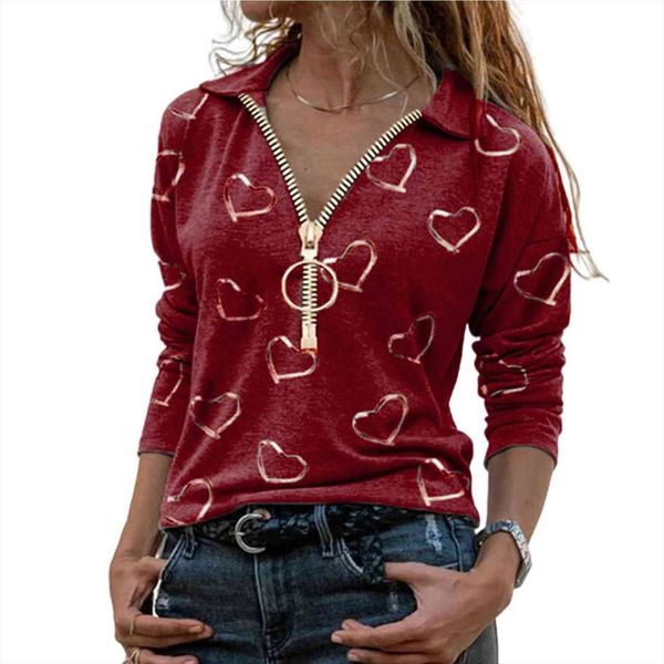

casual zipper v neck womens shirt heart print cotton blends long sleeve sweatshirt street wear ropa de mujer, White