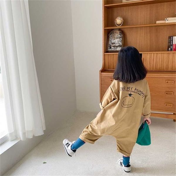 

spring autumn boys girls cartoon denim jumpsuits fashion kids loose casual clothes 211023, Blue