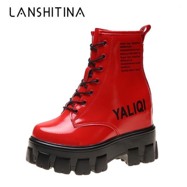 

boots women ankle 2021 autumn patent leather high sneakers 10cm heels chunky platform winter thick sole, Black
