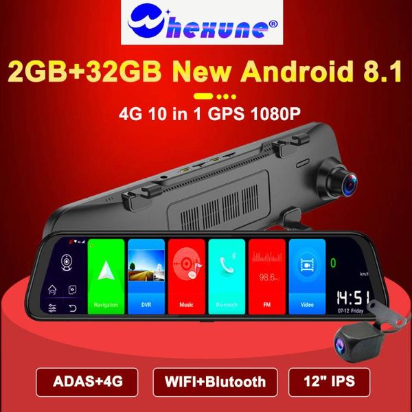 

car dvr dvrs whexuen 12" android 8.1 4g rearview mirror stream media gps navi dash cam dual 1080p camera adas night vison 2g+32g