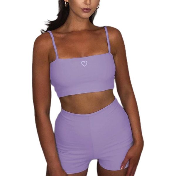 

women's tracksuits 2 pcs women solid color outfits short tank sling collar + high waist shorts casual style tracksuit, Gray