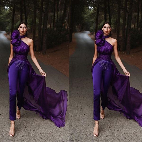 Macacão de noite roxo com trem longo, halter, sem mangas, vestido de baile, calças femininas, terno da arábia saudita, celebridade, vestidos de tapete vermelho 328 328