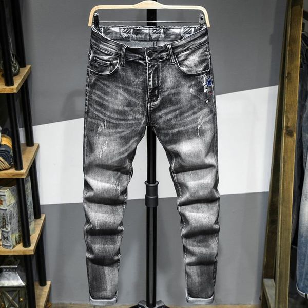 

men's jeans autumn men slim tapered fashion letter embroidery washed cotton elasticity denim trousers hip-hop high street trend gray, Blue