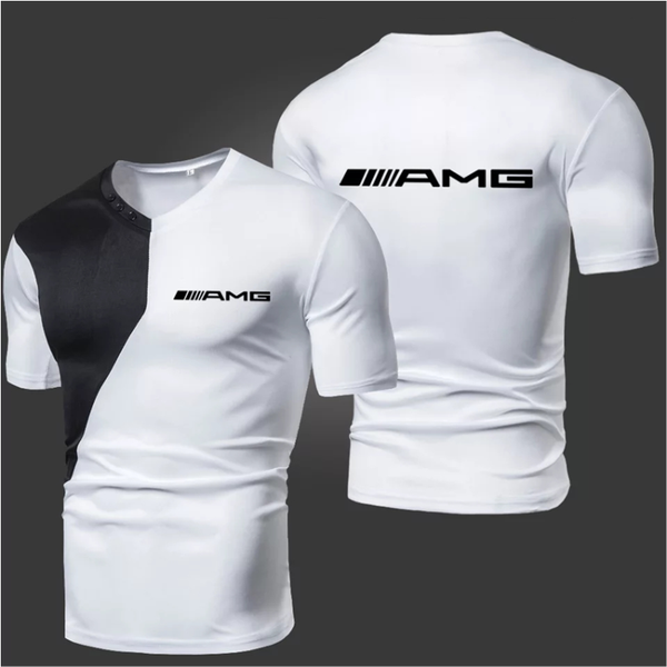 

men's t-shirts 2021 summer amg logo mens high-quality t-shirt solid color stitching casual breathable sports slim short-sleeved v-neck, White;black