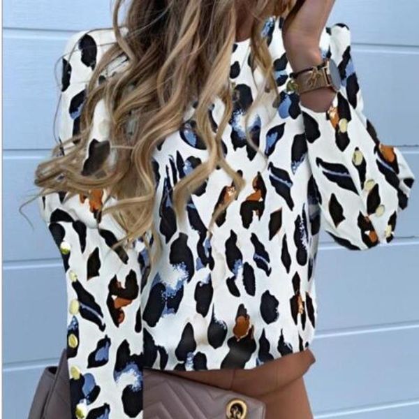 

women's blouses & shirts y2k women summer blouse 2021 fashion long sleeve back button leopard print casual clothing blusas mujer, White