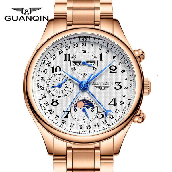 

guanqin rose gold rv mechanical men watch luxury perpetual calendar moon phase design automatic watches, Slivery;brown