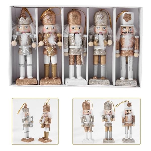 1 Set = 5pcs Weihnachten Holzpuppen Dekor handgefertigtes Weihnachts -Nussknacker -Puppen -Anhänger kreativer glitzernder Pulverpuppe Ornament 211122