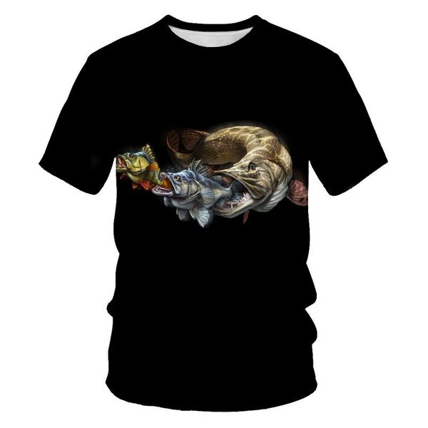 

men's t-shirts 2021 men 3d print t-shirt big fish eat small pattern weekend leisure fishing short-sleeved o-neck oversized tshirt, White;black