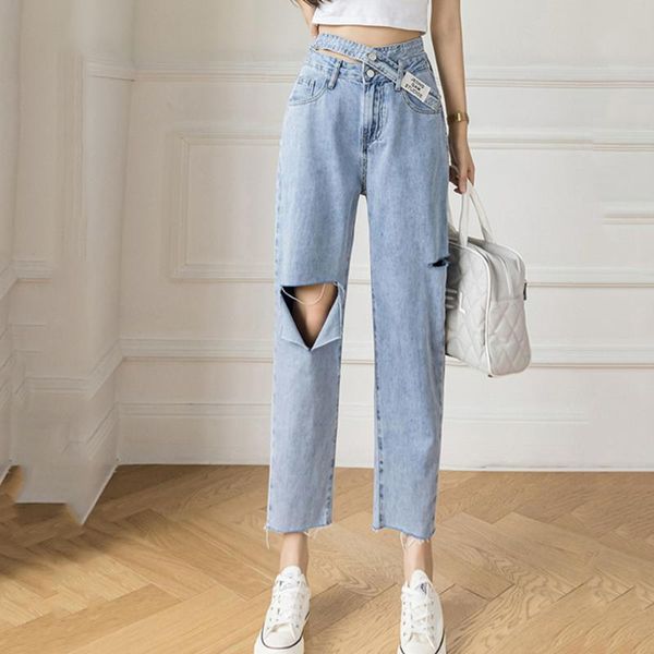 

women's jeans vintage ripped holes women high waist harem pants female 2021 spring summer loose denim trousers, Blue