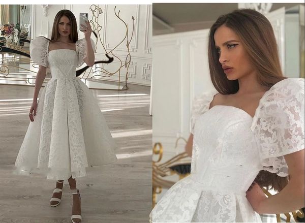 

2022 elegant tea length square neck wedding dresses bridal gowns for women poet short sleeves a line princess country lace apploque designer, White