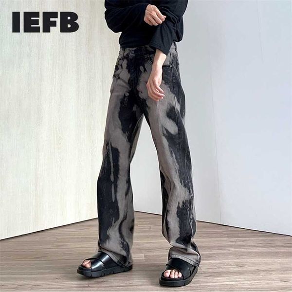 

iefb men's wear washed black grey jeans korean streetwear trend loose straight denim pants tie dye long 9y6579 211108, Blue