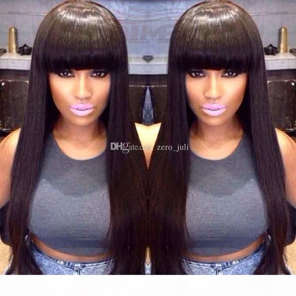 

human hair wigs with bangs silky straight full lace wigs brazilian virgin lace front wig for black women with baby hair, Black;brown