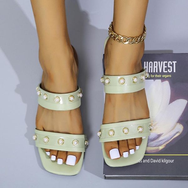 

slippers women pearls transparent female square toe slides ladies solid summer casual concise fashion flats plus size, Black