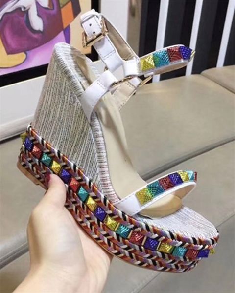 

21luxury wedge flat wedge red bottom sandals designer girls high heels party shoes gold patent leather studded ladies ankle strap, Black