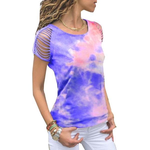 

women's t-shirt women short sleeve crew neck hollow out mesh hole off shoulder pullover multicolor tie-dye printed casual, White