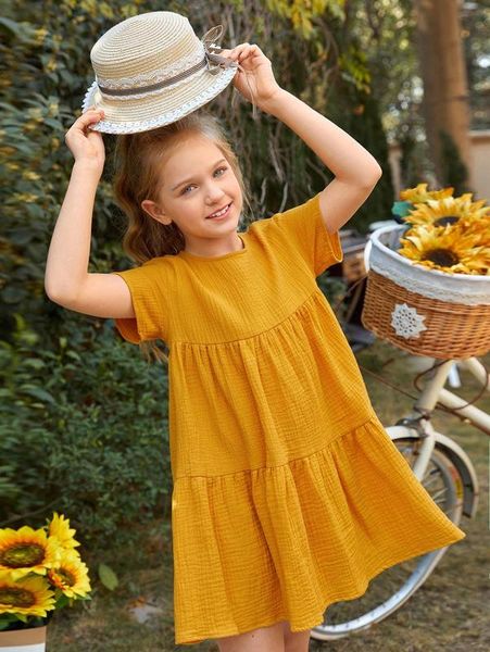 

girls keyhole back solid smock dress she, Red;yellow