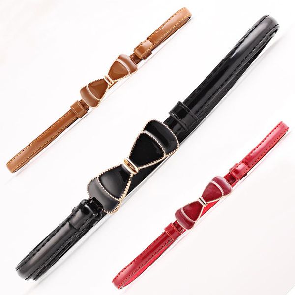 

belts 100*1.5cm bow buckle design women pu leather belt candy color waistband thin dress alloy adjustable, Black;brown