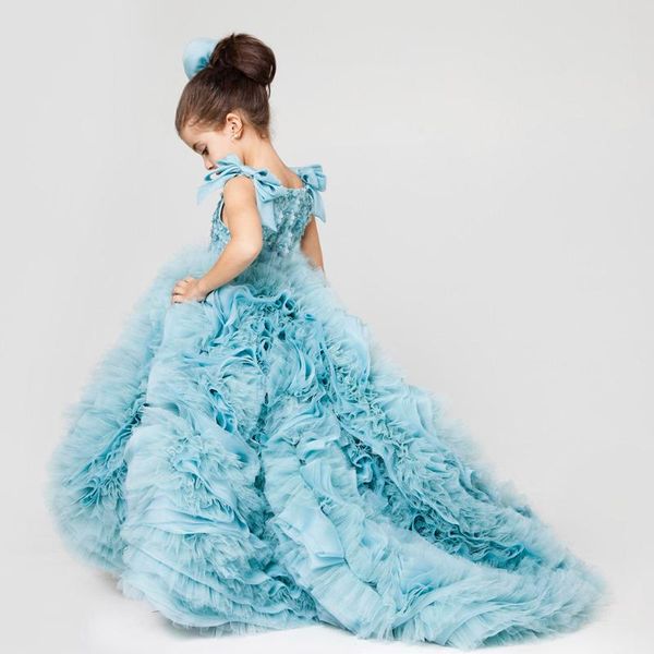 

girl's dresses appliqued sequins bow flower girl jewel neck sleeveless pageant ruffle sweep train tulle birthday gowns, Red;yellow