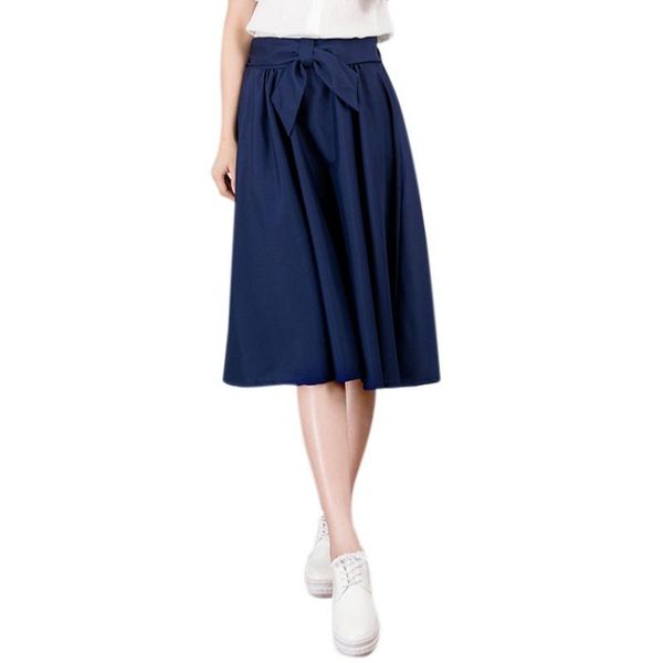 

skirts causual bow pleated women skater mid-calf spring high waist ladies solid black elegant elastic wais