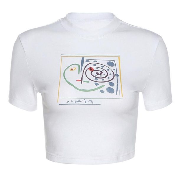 

women's t-shirt 573b women summer short sleeve high neck harajuku abstract graphic print crop casual slim fit vintage streetwear, White