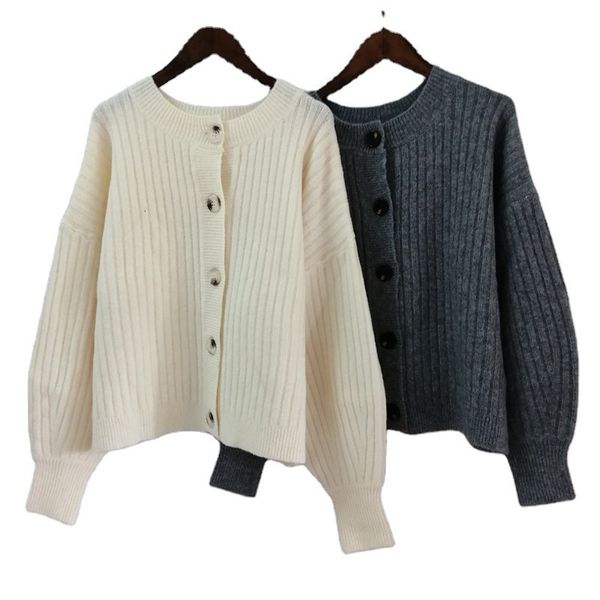 

2021 new women's loose knit simple short sweater cardigan women lantern round neck long sleeve jacket eqro, White;black