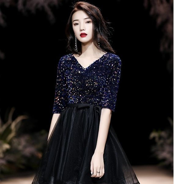 

new shinny 2021 high low evening long elegant v-neck half sleeves sequin prom es for graduation plus size bzvn, Black;red