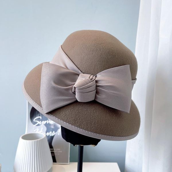 

stingy brim hats australian wool autumn and winter fine felt hat hepburn wind big bow lamp shade renaissance pot, Blue;gray