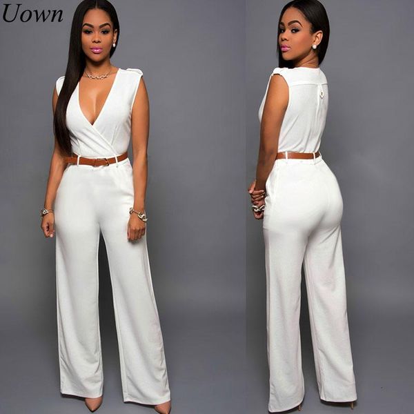 

women's jumpsuits & rompers elegant summer solid deep v-neck sleeveless fashion side pocket long jumpsuit playsuit with belt, Black;white