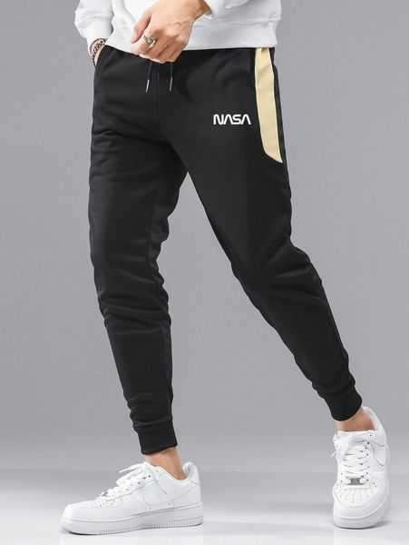 

men letter graphic slant pocket sweatpants p51z#, Black