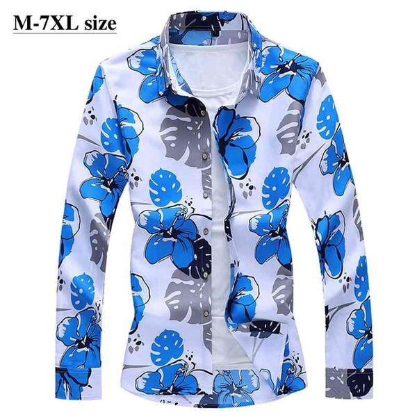 

plus size 5xl 6xl 7xl men's long sleeve shirt autumn fashion print floral male slim fit business casual shirts 210708, White;black