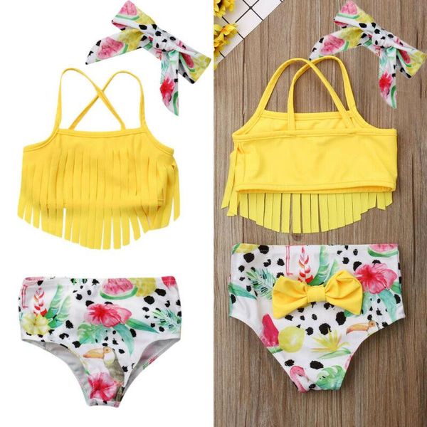

infant baby girl summer swimwear suit yellow + floral pants + headband outfit beach tankini set 3pcs, Black