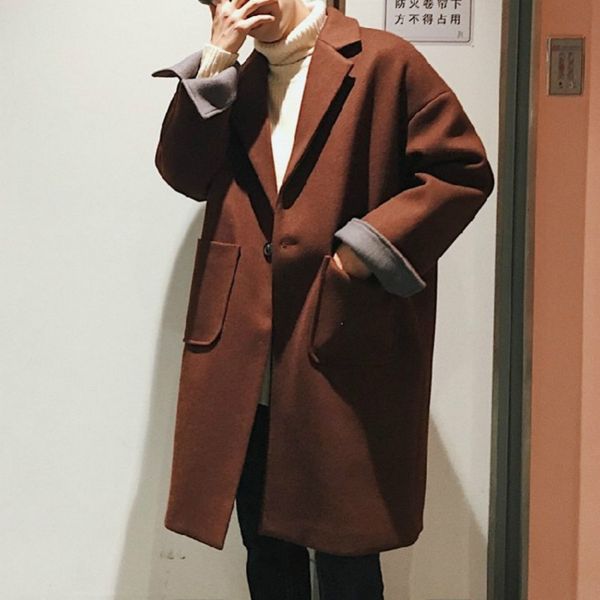 

2021 new winter youth fashion parkas loose wool casual cashmere blend long trench coats solid 4-color keep warm jackets d4u3, Black
