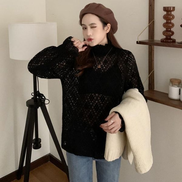 

women's t-shirt female ins lace all-match high neck lotus sleeve bottoming shirt, White
