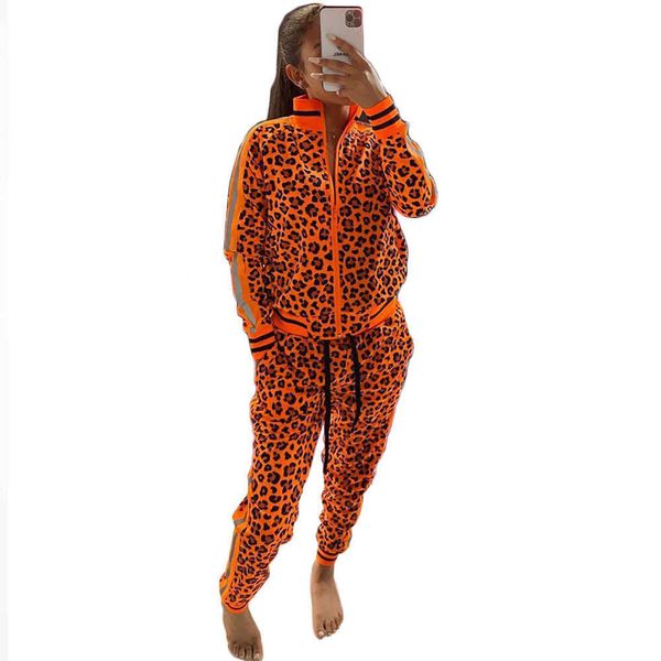 Leopardo laranja Print Fashionsuit Mulheres Conjuntos de Conjuntos de Conjuntos de Conjuntos de Lounge Dois Parte Set Top e Calças Juntos Casual Suor Suor Y0625