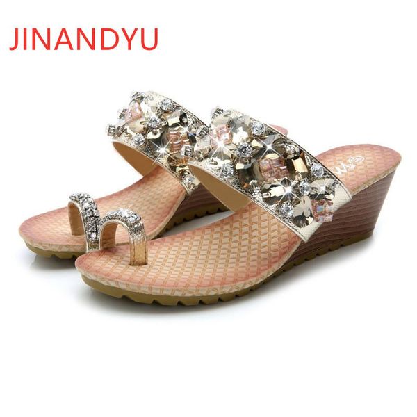 

slippers flip flops women summer sandals rhinestone wedges for beach shoes size 42 high heels casual, Black