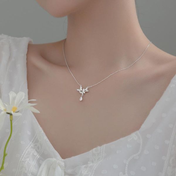 

chains 925 sterling silver butterfly necklace for women cz zircon water drop pendant necklaces teen girls korean dainty jewelry 2021