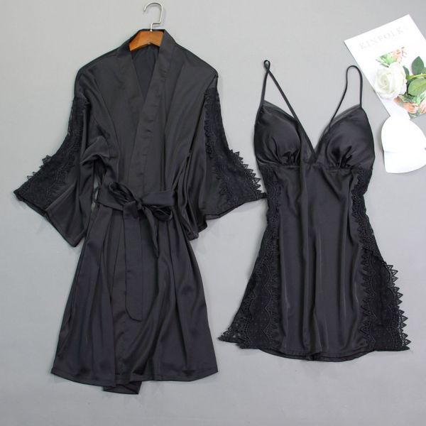 

women satin sleepwear robe silk robe gown set sleep lounge indoor clothing ladies nightwear nightdress with chest pads, Black;red